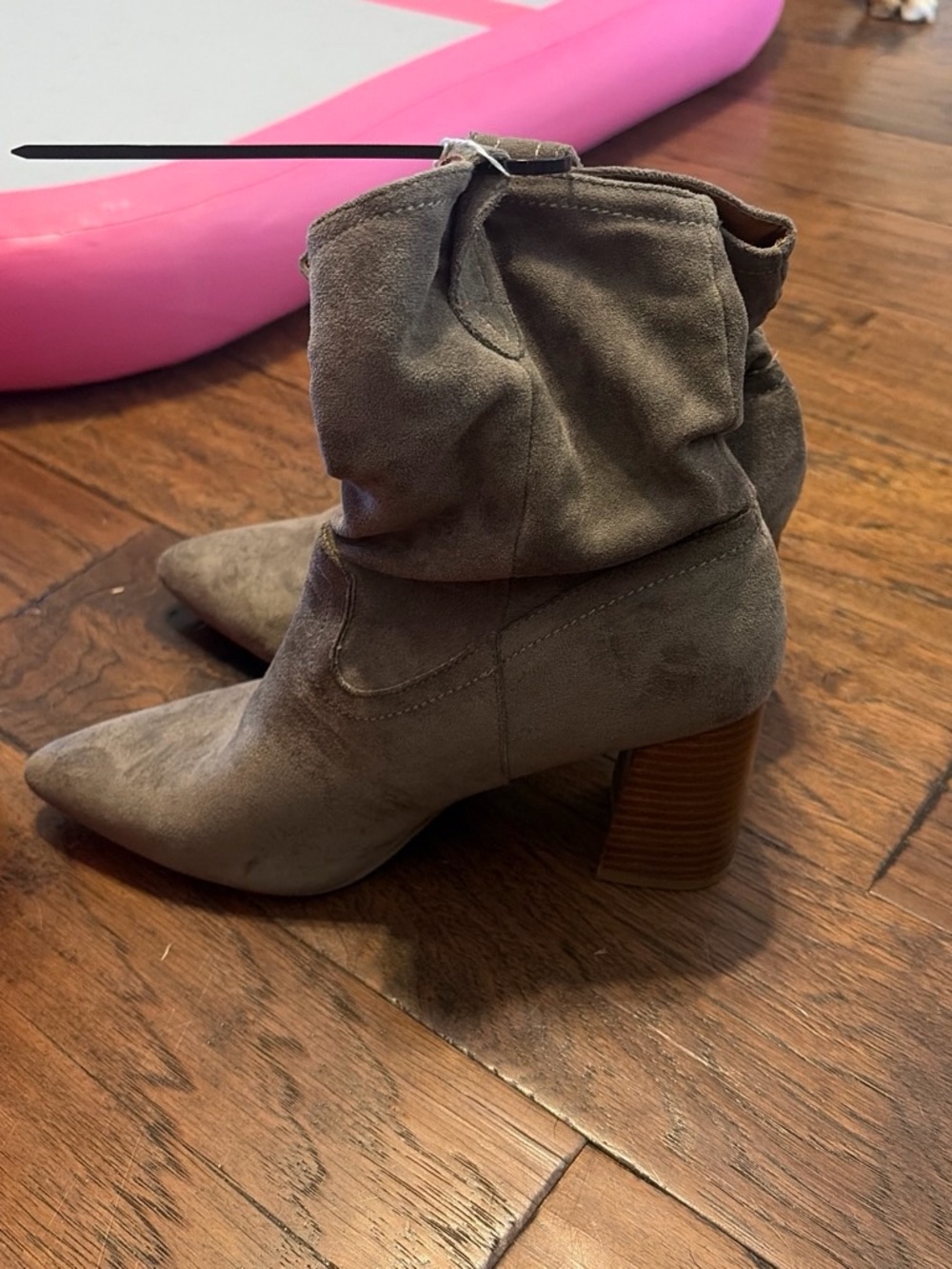Slouchy Pointed-Toe Suede Ankle Boots in Taupe